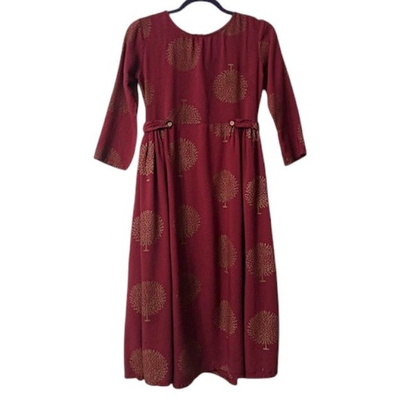 Autumn Midi Dress XS Burgundy Gold Tree Print Fall Modest Boho Cottagecore Artsy - Picture 2 of 14